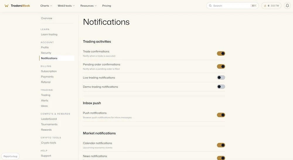 notification settings panel